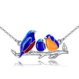 KZX Blue Jay Necklace Blue Jay Family Necklace 925 Sterling Silver Birds on Branch Necklace Silver Three Little Birds Animal Pendant Gifts for Women