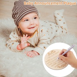 Wooden Baby Announcement Sign, 5.9 Inch Round Hello World Baby Sign, Newborn Welcome Plaque I'm New Here, for Hospital Baby-Shower Nursery Photo Prop