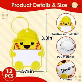 TOHONGADON 12 Pcs 3.3 Inch PVC Positive Softball Keychain, Softball Luggage Tags for Suitcases, Softball Name Tags with Metal Ring for Team Gift Party Supplies, Yellow