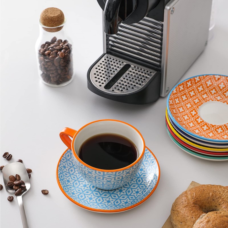 Selamica Ceramic 8 oz Cappuccino Cup Set with Saucers, Espresso