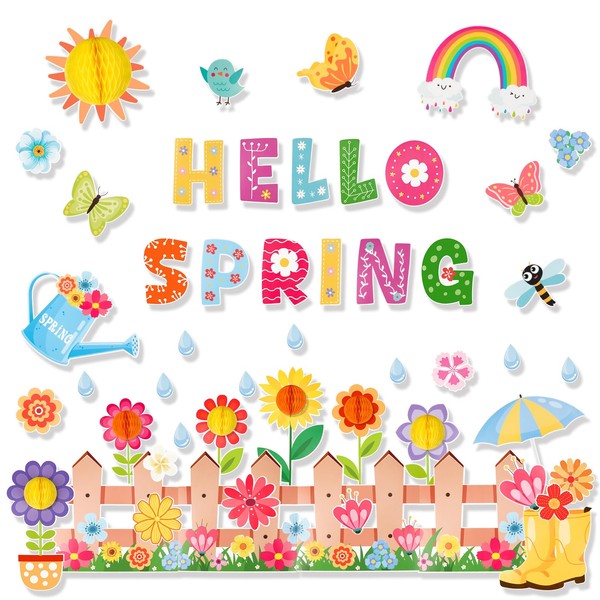 Konsait Spring Bulletin Board Decorations, 59Pcs Raindrop Flower Hello Spring
