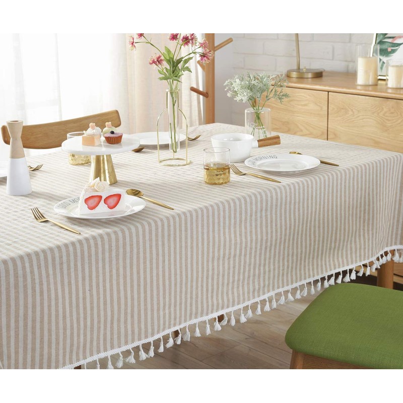 Plenmor Cotton Linen Table Cloth Stripe Tassel Rectangle Tablecloth Dust-Proof