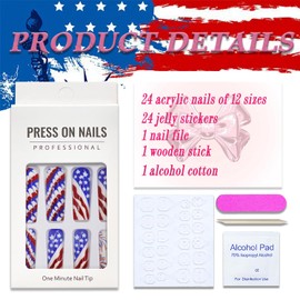 4th of July Press on Nails Long Square America Flag Fake Nails Full Cover Firework False Nails with Designs Tricolor Glossy Glue on Nails Star Acrylic Nails Manicure Artificial Nails for Women Girls