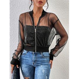 Milumia Women's Sparkly Sheer Mesh Long Sleeve Crop Jacket Light Weigh Zip Up Outwear Black Large