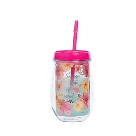 C&F Home Summer State Of Mind 12Oz Insulated Tumbler Travel Cup With Straw Tropical Flower Drinkware 3.5" x 3.5" x 5.75" Pink