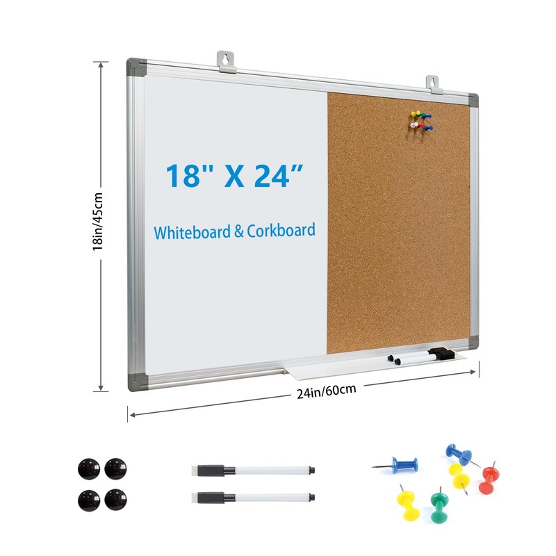 Combination Writeboard 24"x 18" Magnetic Whiteboard & Cork Board Aluminium