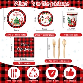 173 Pieces Christmas Party Supplies Buffalo Christmas Paper Plates and Napkins Disposable Xmas Tableware Set Merry Christmas Plaid Tablecloths Banner for Christmas Holiday Party Decor Serves 24 Guests