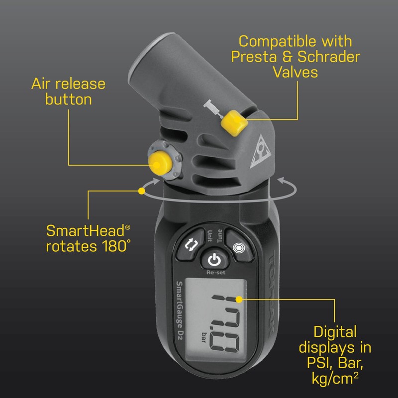 Topeak SmartGauge D2 Digital Tire Pressure Gauge – Presta/Schrader Compatible,