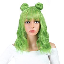 CLIONE Green Wigs for Women Short Wavy Bob Wig with Bangs Shoulder Length Natural Wavy Synthetic Wig Short Fluffy Bob Curly Wigs Cosplay Party Costume Wigs（Mix Green 14 Inch）