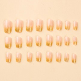 MERVF Square Press on Nails Medium Fake Nails Gold Glitter French Tip Glue ons Ombre Design Squoval Luxury Acrylic Elegant False Nail 24pcs Glossy