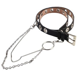 White Fang BT202 Leather Belt, Stylish, Chain, Key Ring, Carabiner, Lock, Punk Men's, Women's,