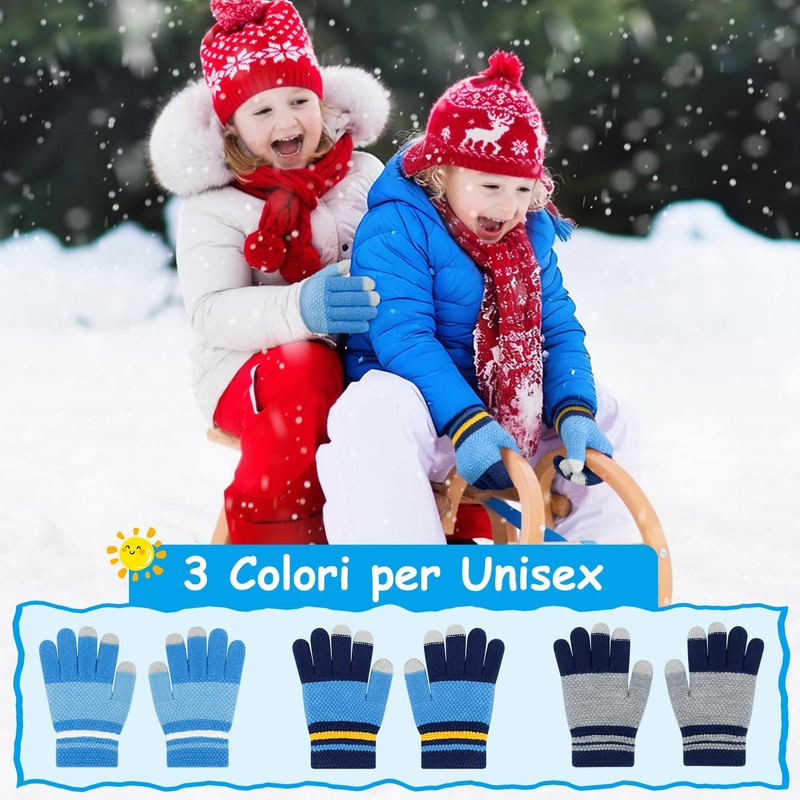 Kiiwah 3 Paia Guanti Invernali a Dita Bambini, Guanti in