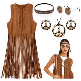 Amazluck 70s Fancy Dress Women Fringed Waistcoat Hippie Costume Hippie Accessories 70s Costumes for Women 70s Fancy Dress Plus Size Hippie Headband L