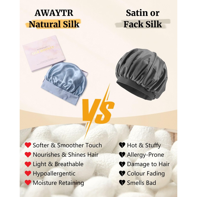 AWAYTR Silk Bonnet for Long Hair - 100% Mulberry Silk