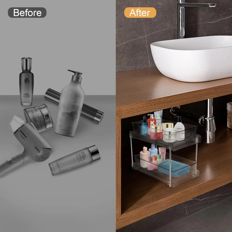 COKIHOM 1-Pack 2-Tier Clear Pull-Out Organizer with Track for Bathroom