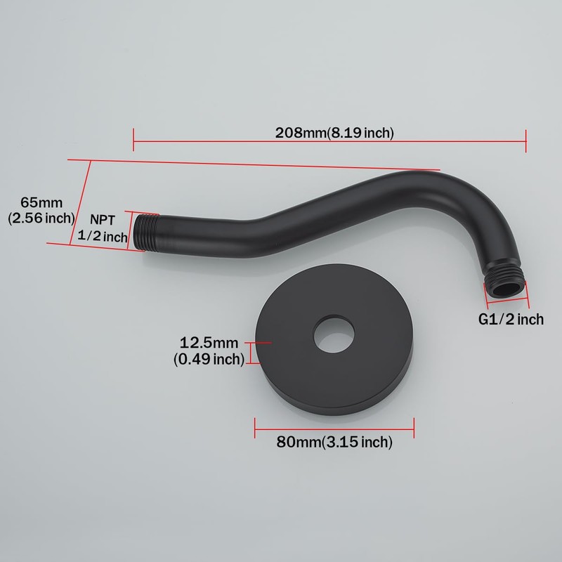 RANDOM Curved Shower Arm with Flange,8-inch S-Shape Matte Black Shower
