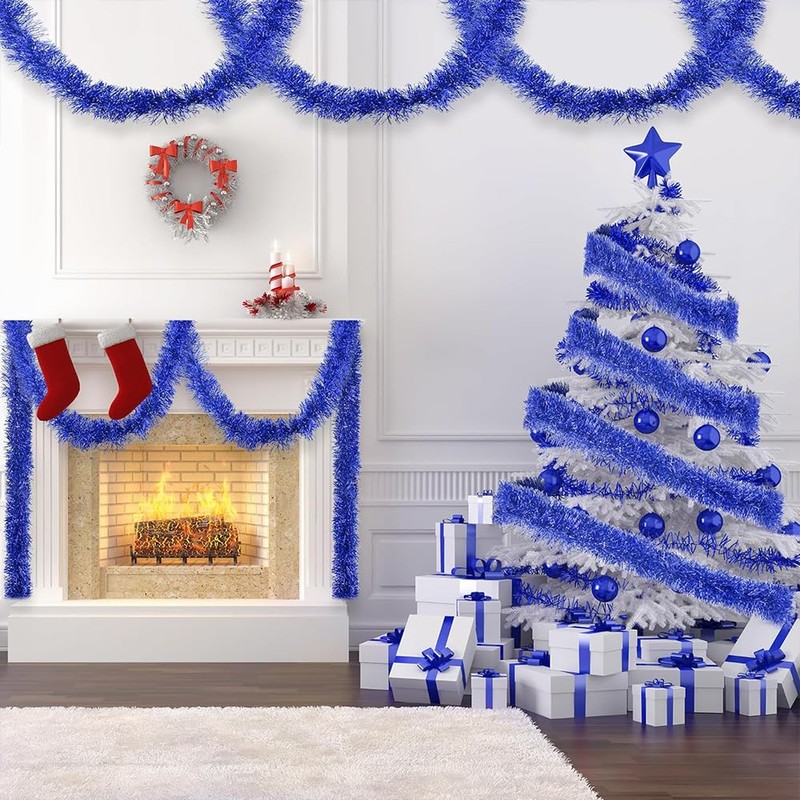 Royal Blue Christmas Chunky Tinsel Garland for Christmas Tree Decorations,