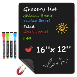 MaxGear Magnetic Black Dry Erase Board Sheet for Refrigerator, 16"x12" Fridge Magnetic Whiteboard for Kitchen, Fridge Shopping List for Family Planner and Grocery List, 4 Chalk Markers