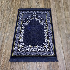 Modefa Turkish Islamic Prayer Rug - Soft & Plush Velvet Praying Carpet - Traditional Muslim Prayer Mat - Muslim Janamaz Sajada - Ramadan or Eid Gift - with Kufi Prayer Cap - Floral Ipek (Blue Vine)