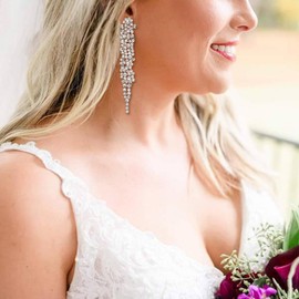 EVER FAITH Rhinestone Crystal Wedding Statement Clip-on Earring, Art Deco Chandelier Bridal Long Dangle Earrings for Women Bride Clear Silver-Tone