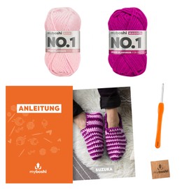 myboshi Suzuki Slippers Crochet Set, Includes No. 1 Wool, Needle and Instructions, Shoe Crochet Pack, 30% Merino Wool, Pink with Crochet Hook