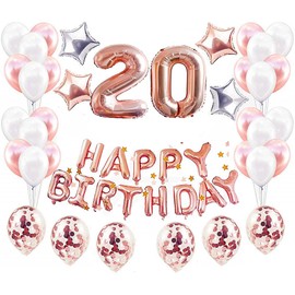 AnGlam 48 Count 20th Number Birthday Balloons, Decoration, 31.5 inches (80 cm) "20" Number Balloons, Combination "Happy Birthday" Banner, Confetti Balloons, Star Balloons, Birthday Decorations (Rose Gold 20)