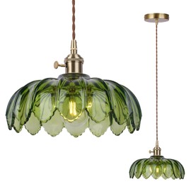 CLARSYNE Vintage Green Glass Pendant Light Fixture with Switch, Gold Hanging Lamp for Kitchen Island, Dining Room, Bedroom, Farmhouse, Industrial, Modern Ceiling Lighting, Rustic Flower Lantern