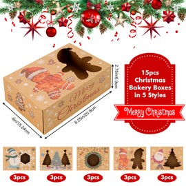Moretoes 15pcs Christmas Cookie Boxes for Gift Giving 8.25x6x2.75 Bakery Boxes with Window, Xmas Treat Boxes for Cupcakes, Cookies, Donuts, Candy