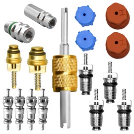 17 Pcs Air Conditioning Valve Core Kit,A/C Refrigeration System R12 & R134a Valve Core AC Service Port Seal Cap Valve Stem Core Removal Tool A/C Service Valves for Car Air Conditioning Repair Parts