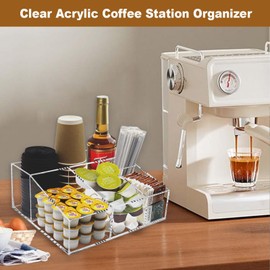 Tirifer Acrylic Coffee Bar Station Organizer for Countertop, Condiment Service Organizer Coffee Pods Storage Caddy Creamer Snack Tea Cup Supplies Holder for Home Office and Breakroom(Clear)
