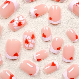 24 Pcs French Tip Press on Nails Short Square Valentines Fake Nails White Red Heart False Nails Glue on Nails French Valentine's Day Full Cover Artificial Nails for Women Girl Nail Design Decoration