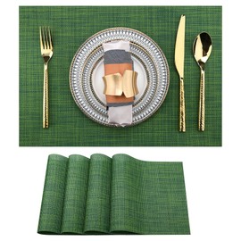 SLKQG Green Christmas Placemats Set of 4 - Wipe Clean Vinyl Placemats - Washable Heat Resistant PVC Placemats for Dining Table - 17x12 Inch (Green, 4)