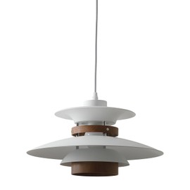 EFINEHOME Modern Decor Adjustable Pendant Lamp Kitchen Island, Aluminum and Wood Finish,1-Light E26 Base Ceiling Hanging Light for Dining Room Shop Restaurant (White+Dark Wood Grain, 35cm)