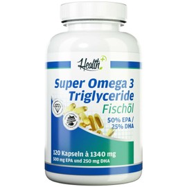 Health+ Super Omega 3 Triglyceride Fish Oil 120 Capsules, 750 mg Omega-3 Fatty Acids per Capsule, 500 mg EPA & 250 mg DHA, Fish Oil Capsules, Made in Germany