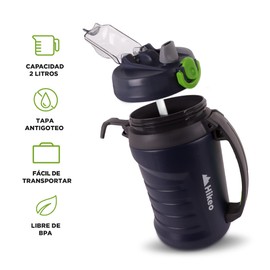 HIKEO Termo de Agua 2 Litros Deportivo XL, Botella de Agua Grande para Deportes, Mantiene las Bebidas Frías 5 Horas, Doble Pared, Tapa Hermética y Popote, Ideal para Gimnasio, Camping, Viajes y Más