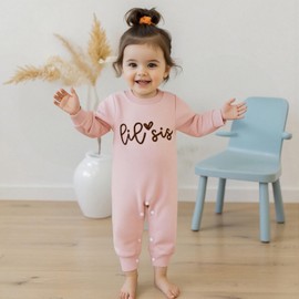 XIXIMAON Baby Girl Fall Outfits Little Sis Jumpsuit Long Sleeve Crew Neck Heart Letter Embroidery Romper Bodysuit Little Sis Newborn Clothes (Pink, 3-6 Months)