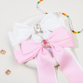 2PCS Hair Bows for Women Hair Clip Pink White Hair Ribbon Rhinestone Hair Accessories Glitter Bowknot Long Hair Barrettes for Women Girls Toddlers Teens Kids