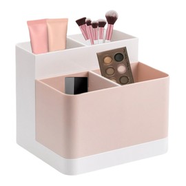 SLHEQING Make Up Organizer, Kosmetik Organizer mit Pinselhalter Abnehmbaren, Schminktisch Organizer mit 2 herausnehmbaren Trennwänden für Parfüm, Skincare, Pinsel, Lippenstifte (Rosa)