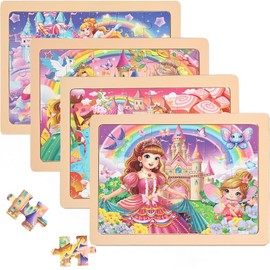 Wooden Puzzles Toys for Kids Ages 3-5, Set of 4 Packs with 24-Piece Unicorn Mermaid Princess Wood Jigsaw Puzzles, Preschool Educational Brain Teaser T