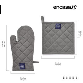 Encasa XO Guanti da Forno e Presina in 100% Cotone Resistenti al Calore con Anello, Guanti da Cucina, Presine per Microonde - Grigio, 18x30 cm, (Confezione da 2)