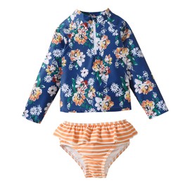 DREAM BUS Toddler Girls Long Sleeve Swimsuit 2 Piece Rashguard Set Sun Protection Baby Girls Bathing Suit Kids Swimwear