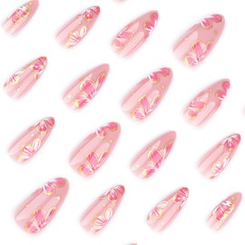 24 Pcs Spring Pink Press on Nails Short Almond,YEFIUO French Nail Tips Fake Nails Press ons Acrylic Nail Kit Cool Gold Foil Edge Flowers Glossy Nail Art Glue on Nails Full Cover False Nails for Women
