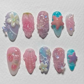 Summer Press on Nails Medium Almond Fake Nails Press Ons Colorful with 5D Butterfly Designs Cute Rhinestone Shell Pearls Flower Glossy Glue on Nails Artificial Stick on Nails for Women Girls 24 Pcs