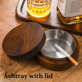 DDAJJAJ Wooden Ashtray with Lid for Smokers Stainless Steel Liner Ash Tray Windproof Durable Easy to Clean Cool Ashtrays for Indoor or Outdoor Use, Patio, Office & Home (Brown)