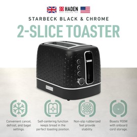 Haden Starbeck 2 Slice Wide Slot Stainless Steel Toaster with Adjustable Browning Control & Non-Slip Feet, Black & Chrome