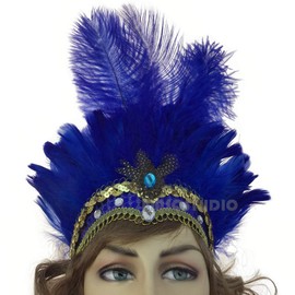 MASQSTUDIO Show Girl Carnival Festival Masquerade Party Headpiece Ostrich Feather Headband Headdress (Blue)
