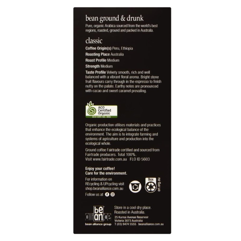 bean ground & drunk Organic Fairtrade Classic coffee 10 aluminium