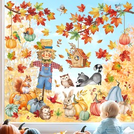 wondever Window Sticker Autumn Pumpkin Leaves Window Sticker Thanksgiving Scarecrow Animals Window Stickers Anti-Collision Double-Sided Glass Sticker Glass Decoration