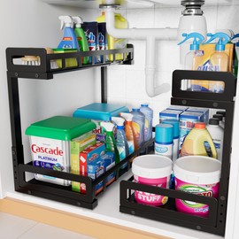 Under Sink Organizer 2 Pack, Metal Large Capacity 2-Tier Sliding Cabinet Storage Rack, Heavy-Duty Rust-Resistant Steel Frame, Holds 50 lbs Each, Adjustable Height 12–16", 14"D x 11"W for Home, Black