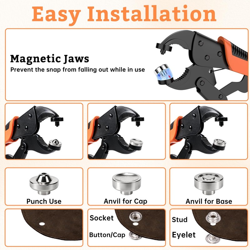 Heavy Duty Snap Fastener Tool Kit with 3 Magnetic Dies
